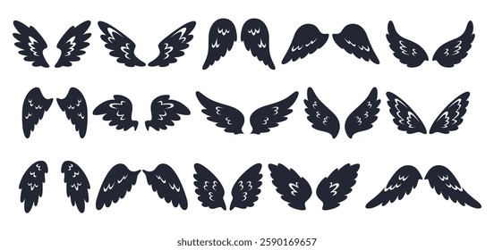 Angel wings silhouettes. Graphic holy icons. Decorative flying elements. Bird limbs with feathers. Angelic innocence aureole. Celestial saint. Tattoo emblems. Swan parts