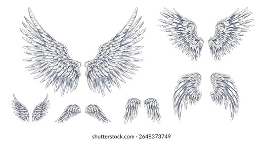 Esboço de asas de anjo. Par de penas aladas de pássaro para cima e para baixo lado desenhado à mão ilustrações conjunto de vetor. Símbolo do céu da liberdade. Elementos de design de asas heráldicas góticas isolados sobre fundo branco
