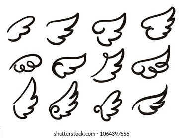 Angel wings sketch set. Hand drawn collection of wings isolated on white background. Cartoon wings vector illustration.