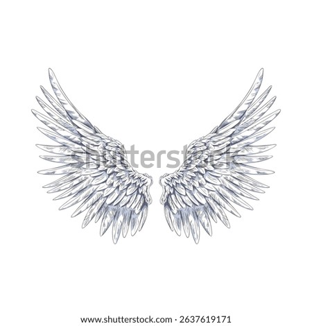 Angel wings sketch. Spread white wings. Pair of bird winged feathers up side vector hand drawn illustration. Heraldic design element isolated. Freedom heaven symbol