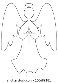 An Angel With Wings Spread, Hands Together In Prayer, Holding A Cross; A Line Drawing.