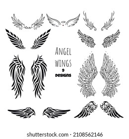 Angel wings tattoo collection. Isolated black stencils. Romantic doodle. Gothic designs. Vector illustration