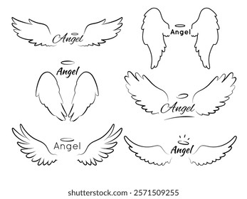 Angel wings with text. Sketch lettering, elegant calligraphic phrases, bird flight feather, simple girly tattoo contour, outline symmetry elements. Hand drawn line heraldic vector isolated set