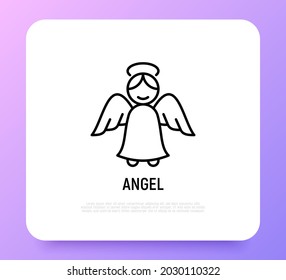 Ángel con el icono de la línea delgada de las alas. Religión, cristiandad. Ilustración vectorial moderna.