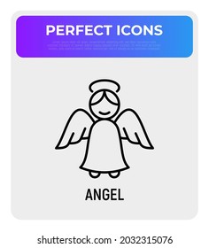 Angel with wings thin line icon. Religion, christianity. Modern vector illustration.