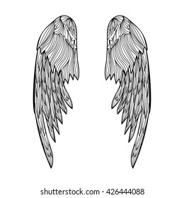 Angel wings. Vector illustration for adult coloring book, tattoo and t-shirt design. Black and white hand drawn wings. 