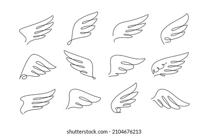 Angel wings vector set. Winged abstract emblems drawn with one thin line