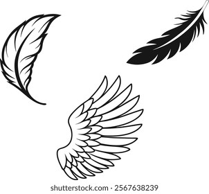 Angel wings vector set. Winged abstract emblems drawn with coloring page