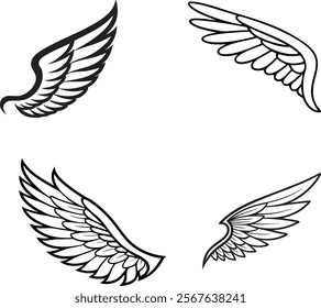 Angel wings vector set. Winged abstract emblems drawn with coloring page