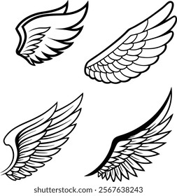 Angel wings vector set. Winged abstract emblems drawn with coloring page