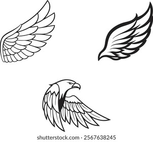 Angel wings vector set. Winged abstract emblems drawn with coloring page