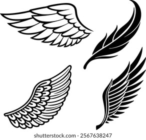 Angel wings vector set. Winged abstract emblems drawn with coloring page