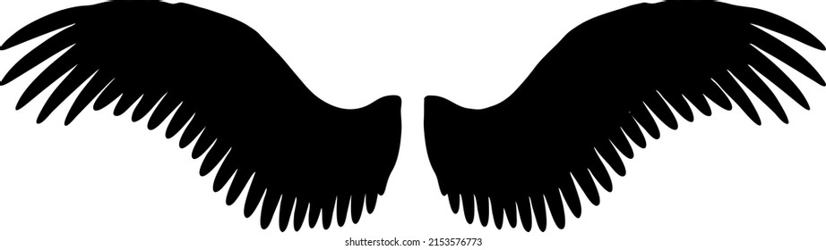 Angel Wings Vector Silhouette, Wings Isolated On White Background, Fill With Black Color, Shadow Idea, Divine Art Concept