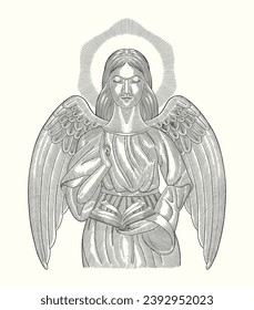 angel with wings, Vintage engraving drawing style illustration