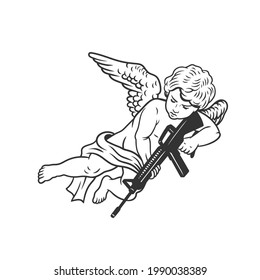 An angel with wings and a weapon. Can be used as a sketch of a tattoo.