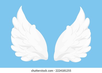 Angel wings white in cartoon style isolated on blue background, design element for decoration.