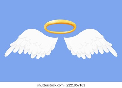 Angel wings white with halo, nimbus in cartoon style isolated on blue background, design element for decoration.