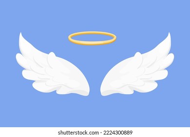 Angel wings white with halo, nimbus in cartoon style isolated on blue background, design element for decoration.