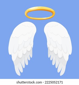 Angel wings white with halo, nimbus in cartoon style isolated on blue background, design element for decoration.