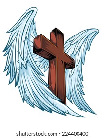 Angel Wings With Wooden Cross. Vector Illustration