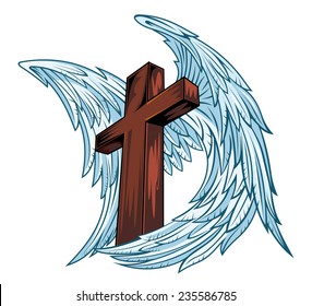 Angel Wings With Wooden Cross. Vector Illustration