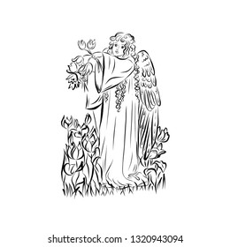 Angel woman with flowers. Graphic vintage linear drawing. Concept for religious holidays - Easter, Christmas. Bible symbol. Illustration for children's books, cards