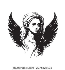 Angel woman head logo. Vector illustration of female face. Silhouette svg, only black and white. svg