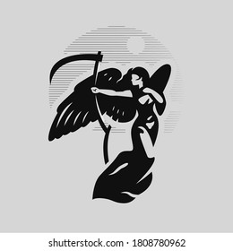 Angel woman with large wings. She has a scythe in her hands.
