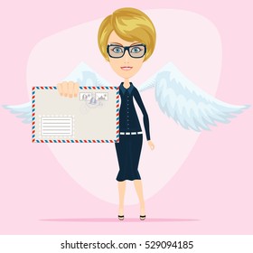 Angel woman with a letter in an envelope. Stock vector illustration