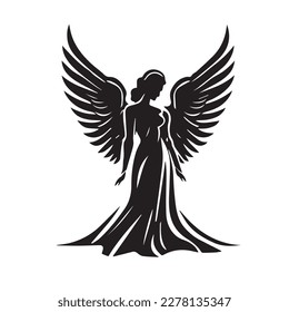 Angel woman. Vector illustration of female beauty angel. Silhouette svg, only black and white.