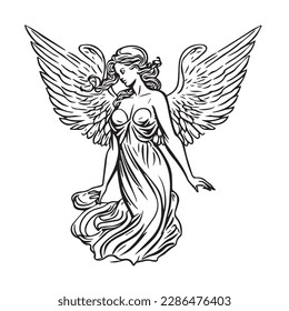 Angel woman. Vector illustration of female beauty angel. Silhouette svg, only black and white.