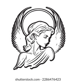 Angel woman. Vector illustration of female beauty angel. Silhouette svg, only black and white.