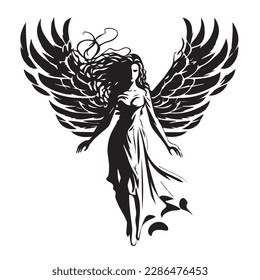 Angel woman. Vector illustration of female beauty angel. Silhouette svg, only black and white.