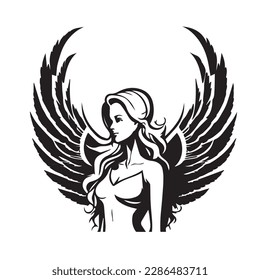 Angel woman. Vector illustration of female beauty angel. Silhouette svg, only black and white. svg