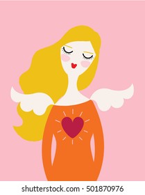 Angel woman wearing shirt with kind heart and wings. Give thanks. Vector illustration. Valentines day. 