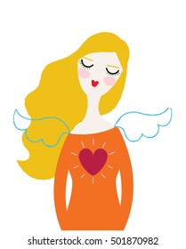 Angel woman wearing shirt with kind shining heart and wings. Volunteer organization. Help, care, support concept. Vector illustration