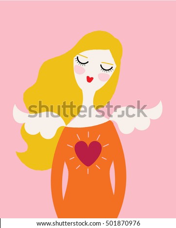 Angel woman wearing shirt with kind heart and wings. Give thanks. Vector illustration. Valentines day. 