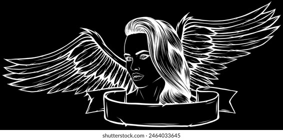 Angel woman in white line on black background