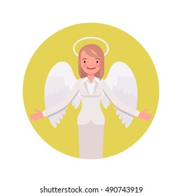Angel woman in a yellow circle. Cartoon vector flat-style illustration