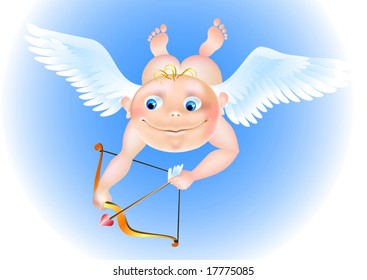 Angel-baby bends a bow for shooting someone in the heart