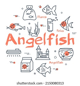 Angelfish circular vector banner. Linear aquarium icons in cirlce design
