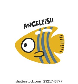 Angelfish. Dibujo manual de dibujos vectoriales para niños. Animación marina divertida