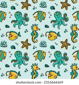 Angelfish, octopus, seahorse and other sea animals. Kids print on the turquoise background. Summer print. Vector.