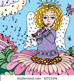 angel-girl plays the flute among the flower.