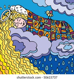 angel-girl sleeps on the clouds. It`s rain. Little bird  sings.