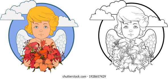 Angelic beings with bouquet of lilies coloring book for children Isolated clipart. Art design concept for religious holidays - Easter, Christmas, character for congratulation with  birthday, wedding