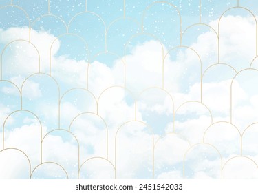 Angelic blue heaven clouds vector design background. Winter fairytale backdrop. Plane sky view with white snow. Watercolor frozen style texture. Delicate card. Elegant decoration. Fantasy pastel color