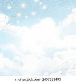 Angelic blue heaven clouds vector design background. Winter fairytale backdrop. Plane sky view with white snow. Watercolor frozen style texture. Delicate card. Elegant decoration. Fantasy pastel color