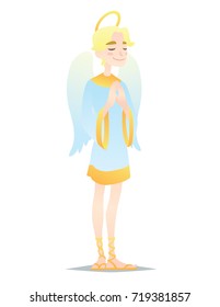 Angelic boy. Cute young man in style of Angel with wings praying. Vector illustration of spiritual creature in flat cartoon style on a white background. Element for design, prints, greeting card.