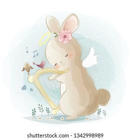 Angelic Bunny Playing a Harp